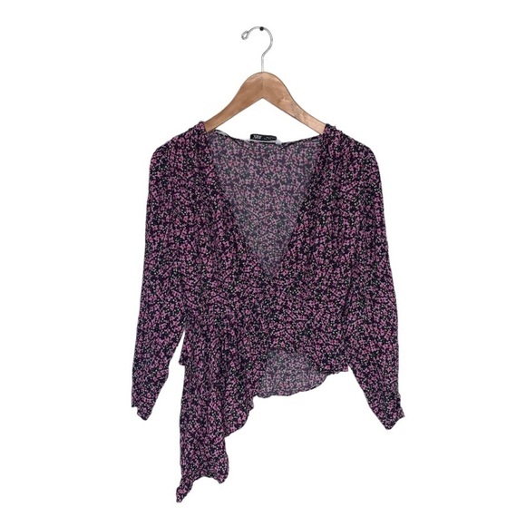 Zara Blouse Women 's Medium Black Pink Ruffle Asymmetrical Floral  Long Sleeve - Picture 1 of 11